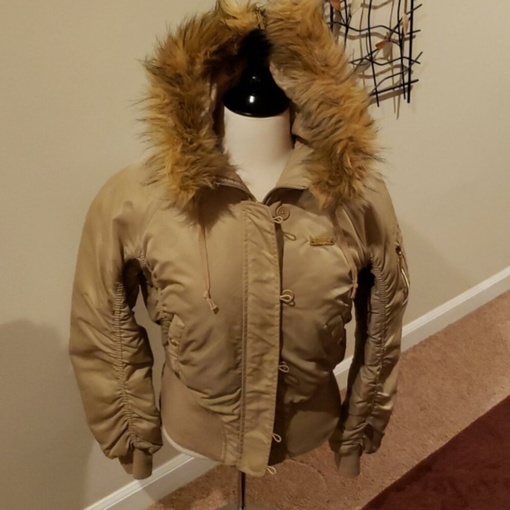 Y2K South Pole Women's Tan Bomber Puffer Jacket with Faux Fur Zip Hood - Picture 5 of 6